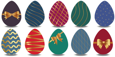 Set of colorful flat style easter eggs with gold d&eacute;cor. Luxury decorated collection of easter eggs isolated on white background. Stylish gold lines and floral decorative vector elements. Vector