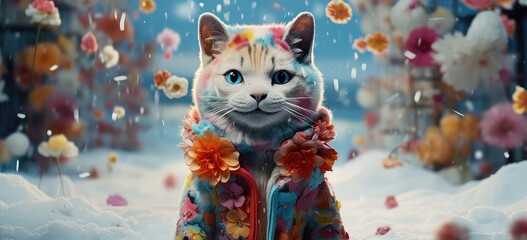 kotek w kolorowe kwiatki padający śnieg - obrazy, fototapety, plakaty