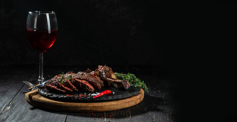 Grilled Tomahawk Steak on the bone. Long banner format. copy space for text