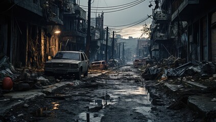 widok zniszczonego miasta po wojnie, zniszczona droga, samochody ulica, budynki