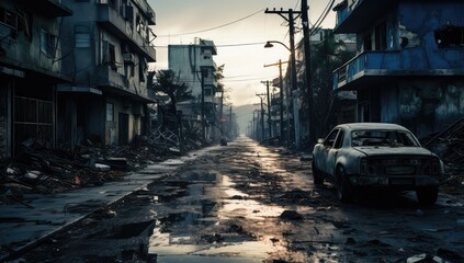 widok zniszczonego miasta po wojnie, zniszczona droga, samochody ulica, budynki - obrazy, fototapety, plakaty