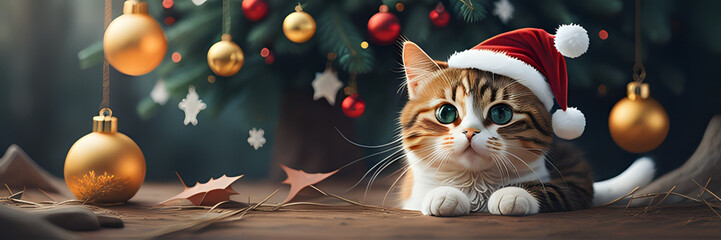 santa claus cat with christmas decorations, merry christmas, merry, merry christmas pattern 2024, merry christmas 2024, merry christmas wallpaper, Cute cat wearing a christmas hat - obrazy, fototapety, plakaty