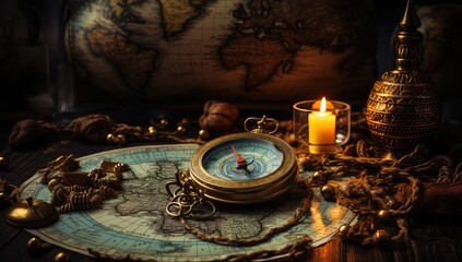kompas leżący na stole pokazujący kierunki świata i obok palące się świece - obrazy, fototapety, plakaty