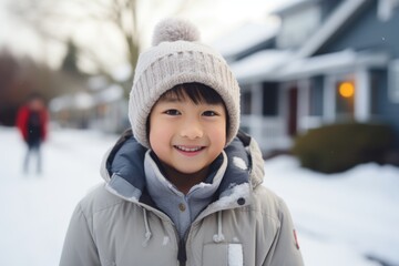 Portrait of a smiling little boy outside during winter