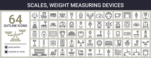 Weight measuring devices icon set in outline style - obrazy, fototapety, plakaty