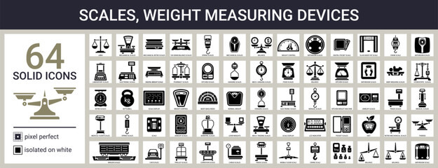Weight measuring devices icon set in solid style