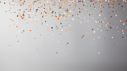 Colorful confetti on soft, neutral, gray background. Minimalist festive texture with golden glitter. Simple, modern holiday abstract. Confetti falling from cloudy sky. Copy space.