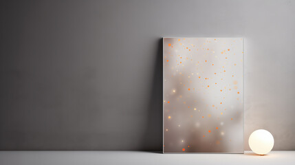 Festive art abstract in a frame, and a glowing decorative ball of light on a shelf. Minimalist home decor. Simple, modern interior design. Copy space on neutral gray wall.