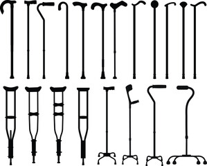 Walking sticks and crutches silhouettes set isolated on a white background - obrazy, fototapety, plakaty