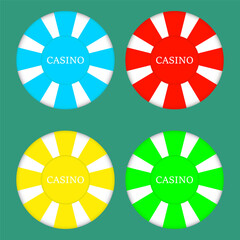 Casino and poker chips, colorful set, vector illustration.