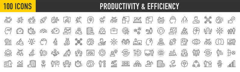 Productivity and Efficiency web icons in line style. Performance, business planning, success, goal, process, collection. Vector illustration. - obrazy, fototapety, plakaty