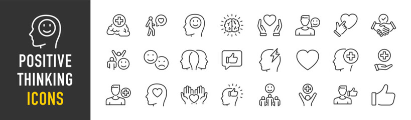 Positive thinking web icons in line style. Lifestyle, charity, optimism, happiness, psychology, love, collection. Vector illustration.