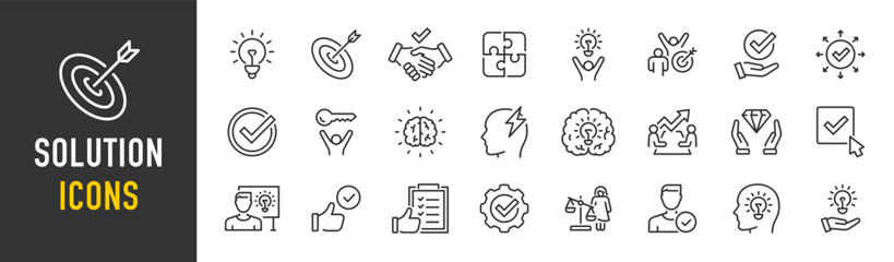 Solution web icons in line style. Options, alternative, success, result, resolve, team, collection. Vector illustration.