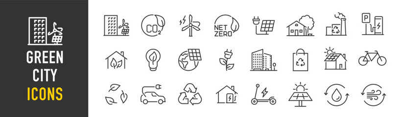 Green city web icons in line style. Green energy, autonomous building, efficient, environment, recycle technology, renewable solar, collection. Vector illustration.