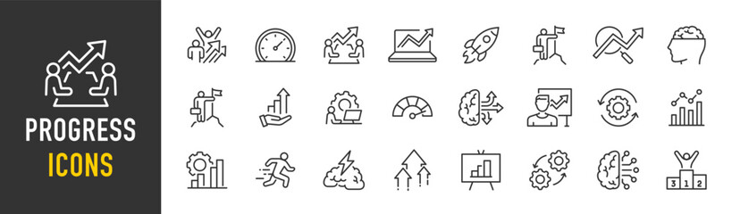 Progress web icons in line style. Brainstorming, creativity, skill, strategy, startup, management, collection. Vector illustration.
