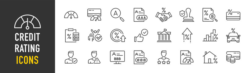 Credit Rating and score web icons in line style. Financial scoring, mortgage, money, guarantors, auditor, collection. Vector illustration.