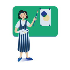 Art teacher. A young woman stands at the blackboard. A drawing lesson is in progress. Vector illustration on the theme of school.