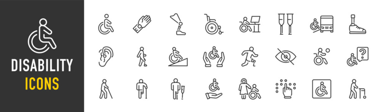 Disability web icons in line style. Wheelchair, disabled people, blind, disabled, assistance, deafness, collection. Vector illustration.