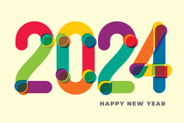 2024 Elements Shift Style Concept with Composite Numerals and Happy New Year Logo Lettering - Rainbow Colours Elements on Pale Yellow Background - Mixed Graphic Design