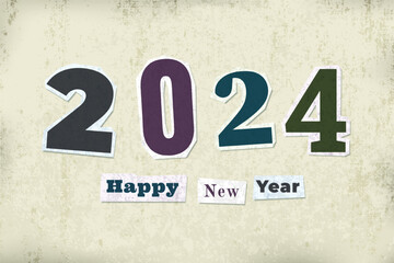 2024 Anonymous Message Style Concept with Assorted Typography Numerals and Happy New Year Logo Lettering - Colored Elements Cut with White Edge on Old Yellow Paper Background - Mixed Graphic Design