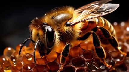 Honey bee on liquid hexagonal UHD wallpaper - obrazy, fototapety, plakaty