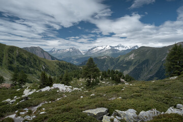 Fototapeta na wymiar Enjoy a hike in the mountains to admire summits and glaciers in the Alps