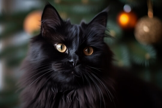 Feline Elegance: Cat's Enchanting Pose by the Christmas Tree