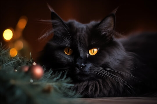 Feline Elegance: Cat's Enchanting Portrait Beside the Christmas Tree