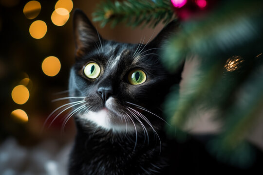 Feline Festivity: Cat's Enchanting Portrait by the Christmas Tree