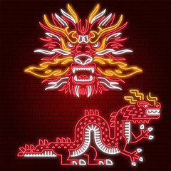 Happy Chinese New Year neon set in retro style with dragon. Vector illustration. For neon banners, cards, posters with Dragon sign 2024 Chinese New Year