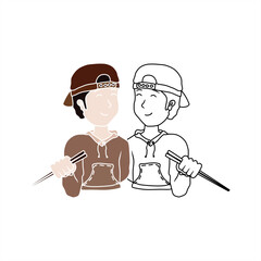 Line art and colorful illustration of a person holding chopsticks for an icon or logo