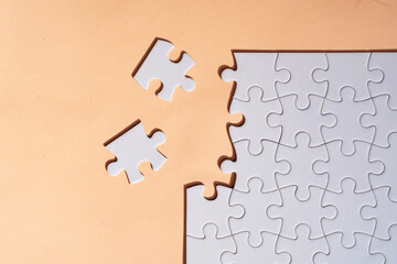 two jigsaw puzzles pieces on Peach Fuzz background