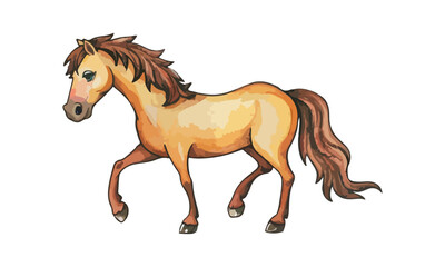 A beautiful watercolor horse going in the field on a white background, a watercolor painting