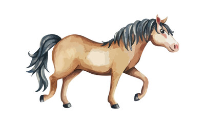 Watercolor farm animal isolated on a white background, Hand drawn horse illustration