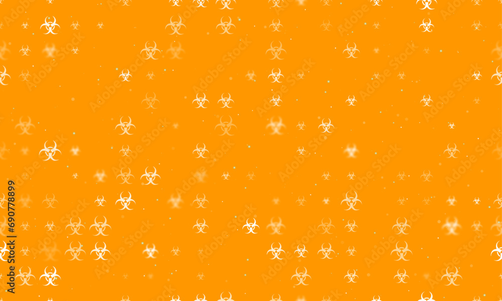 Poster seamless background pattern of evenly spaced white biohazard symbols of different sizes and opacity.