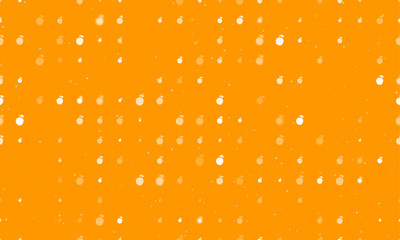 Seamless background pattern of evenly spaced white apple symbols of different sizes and opacity. Vector illustration on orange background with stars