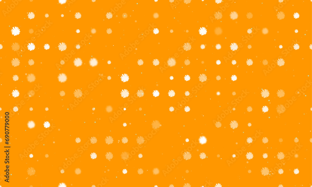 Poster seamless background pattern of evenly spaced white chamomile flowers of different sizes and opacity.