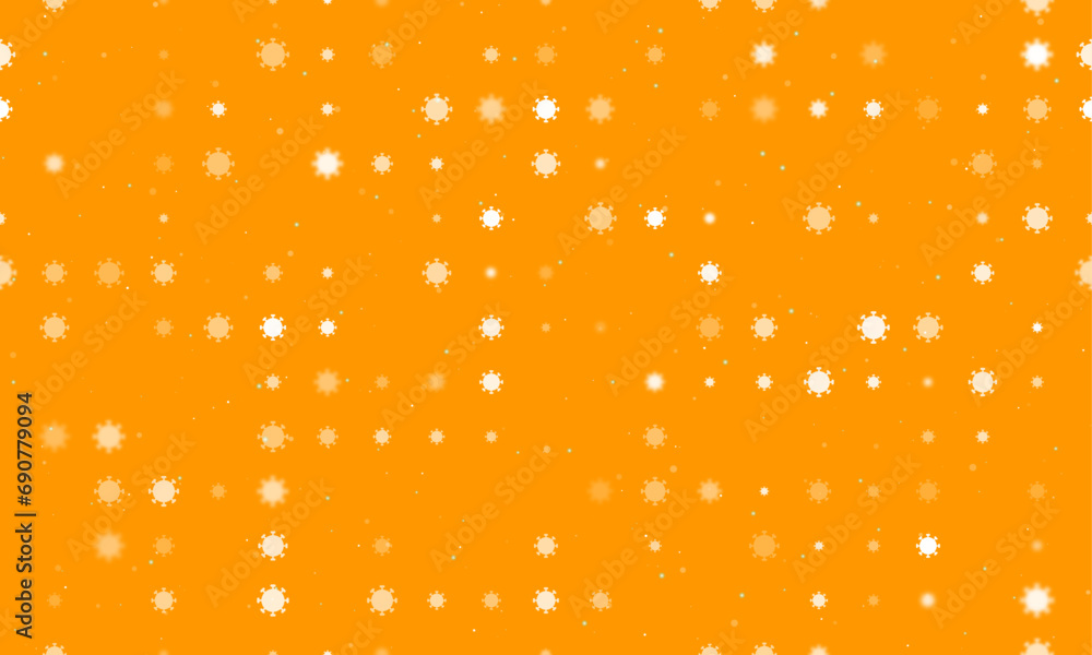 Poster seamless background pattern of evenly spaced white coronavirus symbols of different sizes and opacit