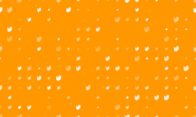Seamless background pattern of evenly spaced white hands of different sizes and opacity. Vector illustration on orange background with stars
