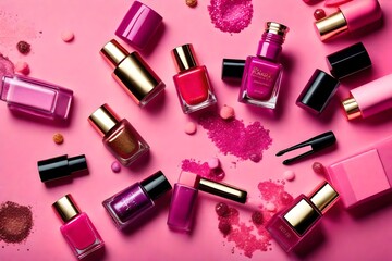 Obraz premium Bottles of luxury nail polish and brush for powder on pink background