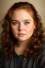 Naklejka premium Studio portrait of a well-fed girl in a black shirt on a beige background