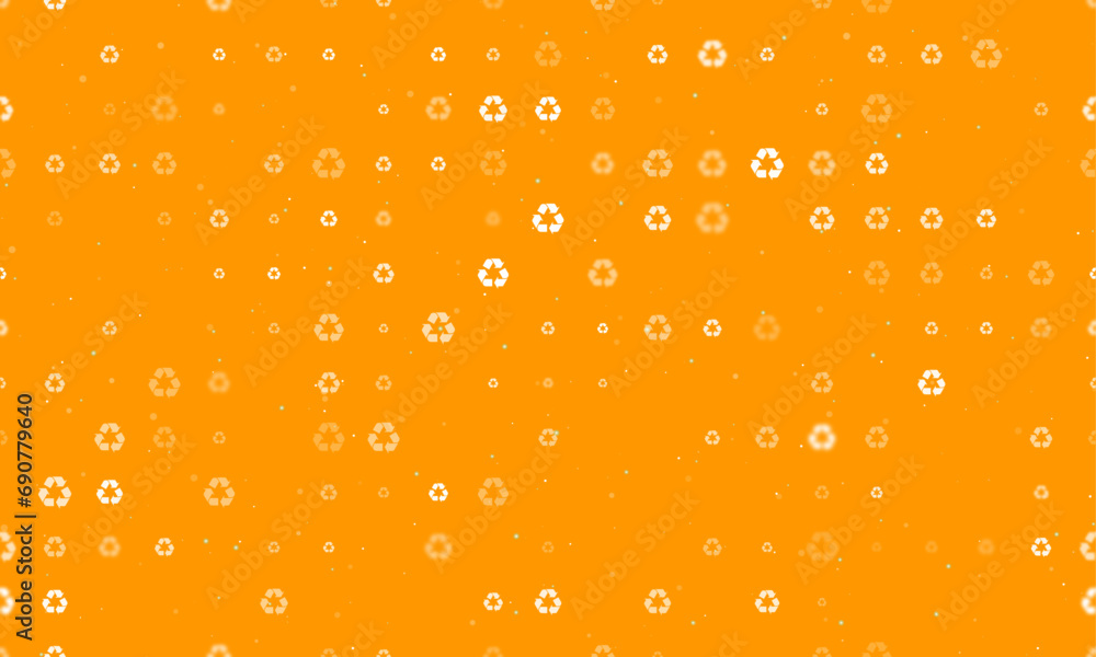Poster seamless background pattern of evenly spaced white recycling symbols of different sizes and opacity.