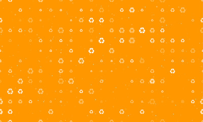 Seamless background pattern of evenly spaced white recycling symbols of different sizes and opacity. Vector illustration on orange background with stars