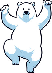 Happy White Polar Bear Standing Tall on its legs, dancing with his arms up, cartoon mascot, logo, isolated.