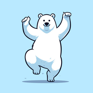 Happy White Polar Bear Standing Tall on its legs, dancing with his arms up, cartoon mascot, logo design.