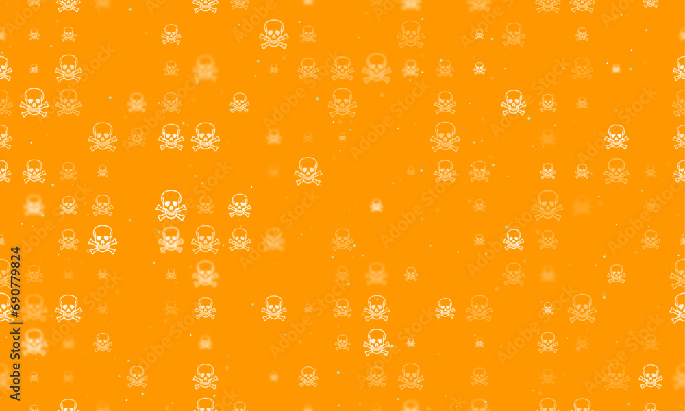 Poster seamless background pattern of evenly spaced white skulls of different sizes and opacity. vector ill