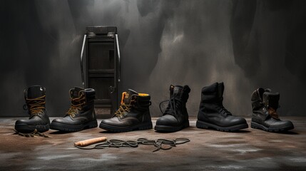 Against a clean backdrop, a series of safety footwear is laid out, each pair a testament to both style and protective functionality