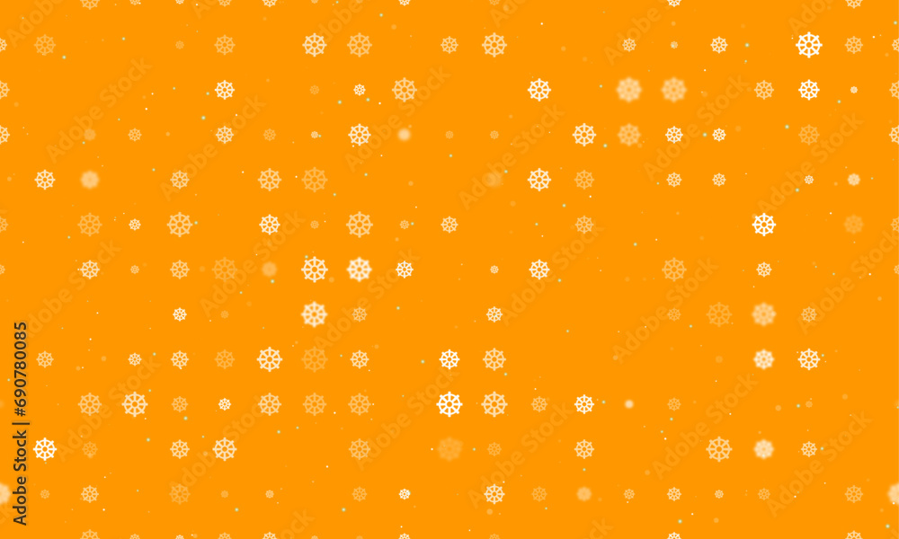 Poster seamless background pattern of evenly spaced white wheel symbols of different sizes and opacity. vec