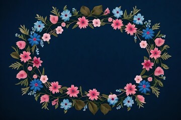 pattern featuring a circle wreath of bouquets with pink and blue flowers set against a dark blue backdrop