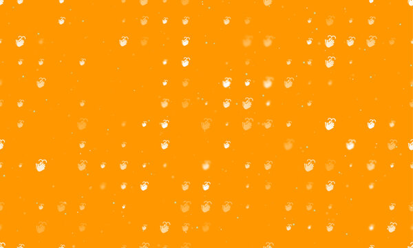 Seamless background pattern of evenly spaced white washing hands symbols of different sizes and opacity. Vector illustration on orange background with stars